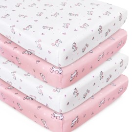 Girl Crib Sheets 4-Pack, Fitted Sheets 52\'\' x 28\'\' for Standard & Toddler Mattress, Soft Breathable Material, Neutral & Pink