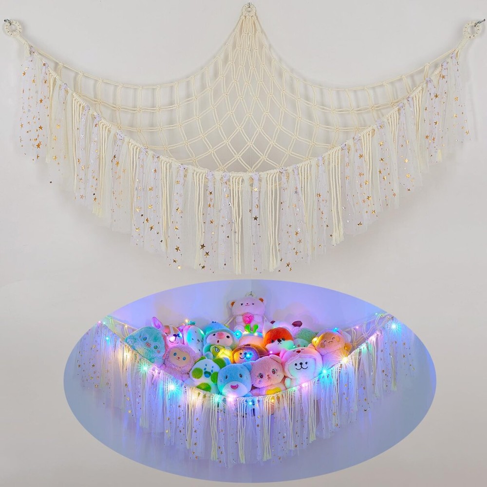 FIOBEE Stuffed Animals Net or Hammock with LED Light, Toy Hammock Hanging Stuffed Animals Storage Organizer Holder Room Dcor for Nursery Kids Bedroom