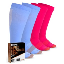 Doctor\'s Select Copper Plus Size Compression Socks Wide Calf - 2 Pairs | 20-30mmHg Extra Wide Calf Compression Sock Women | Extra Wide Calf Compression Sock for Traveling & Running | Copper Compression Socks Women & Men | Blue & Pink