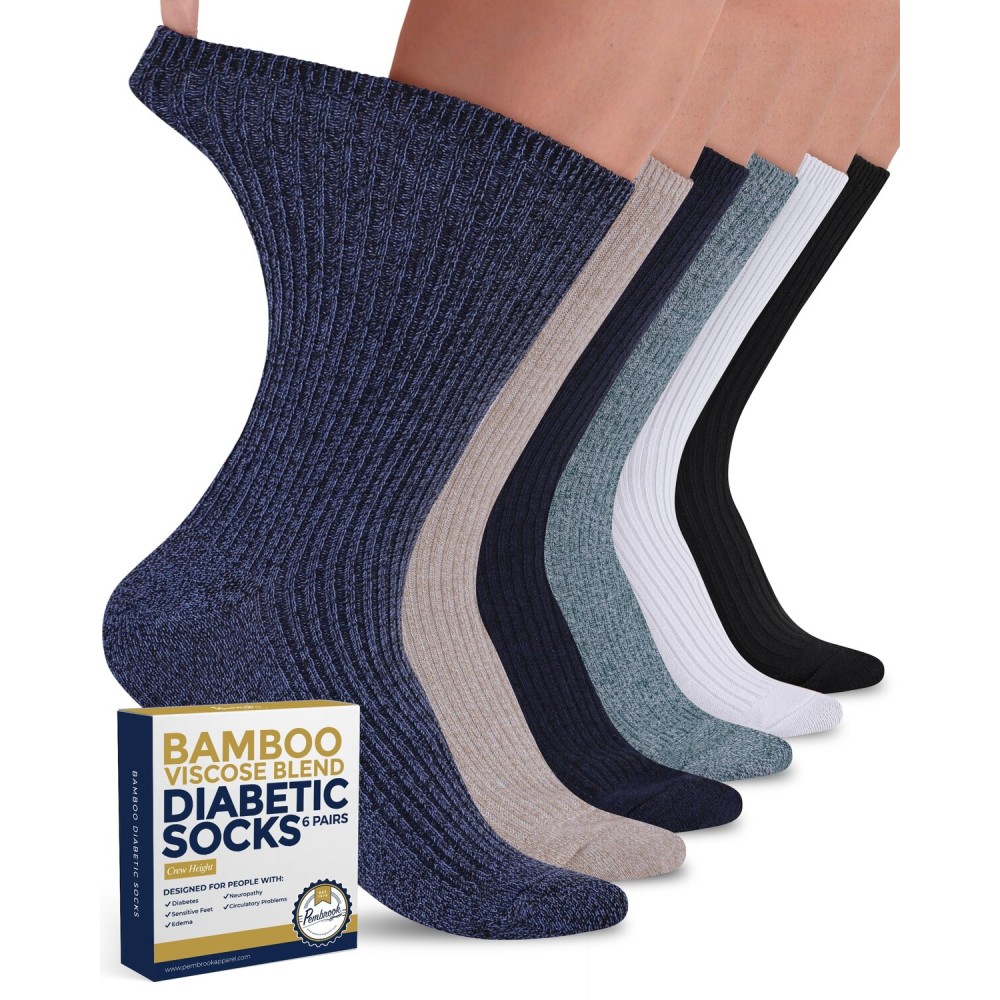 Pembrook Diabetic Socks for Women, 6 Pairs - Ribbed Knit Bamboo Viscose Crew Socks, Black, White, Beige, Aqua, Blue, Navy - Size 6-9, Neuropathy Socks