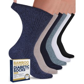 Pembrook Diabetic Socks for Women, 6 Pairs - Ribbed Knit Bamboo Viscose Crew Socks, Black, White, Beige, Aqua, Blue, Navy - Size 6-9, Neuropathy Socks