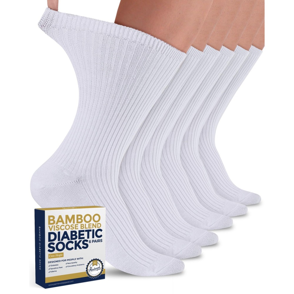 Pembrook Ribbed Knit Bamboo Viscose Diabetic Socks for Women - 6 Pairs | White Crew Moisture Wicking Neuropathy Socks for Women | Womens Diabetic Socks Size 9-11 for Wide Calf and Ankle