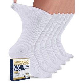 Pembrook Ribbed Knit Bamboo Viscose Diabetic Socks for Women - 6 Pairs | White Crew Moisture Wicking Neuropathy Socks for Women | Womens Diabetic Socks Size 9-11 for Wide Calf and Ankle