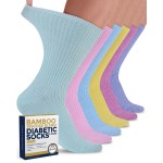 Pembrook Ribbed Knit Bamboo Viscose Diabetic Socks for Women - 6 Pairs | Crew Diabetic Socks for Women Size 9-11 | Neuropathy & Edema | Pink, Light Pink, Purple, Blue, Green, Yellow