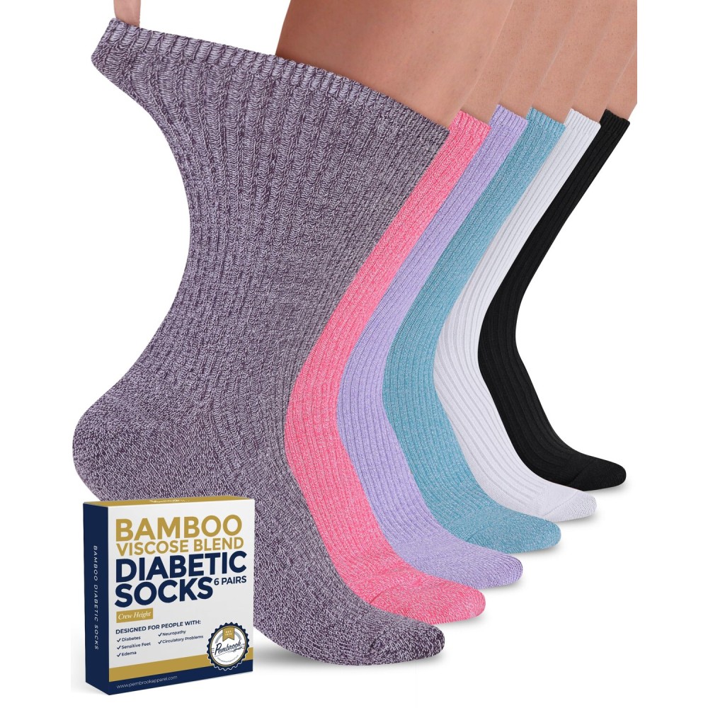 Pembrook Ribbed Knit Bamboo Viscose Diabetic Socks for Women - 6 Pairs | Crew Neuropathy Socks | Black, White, Light Blue, Blue, Purple, Pink