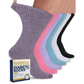 Pembrook Ribbed Knit Bamboo Viscose Diabetic Socks for Women - 6 Pairs | Crew Neuropathy Socks | Black, White, Light Blue, Blue, Purple, Pink