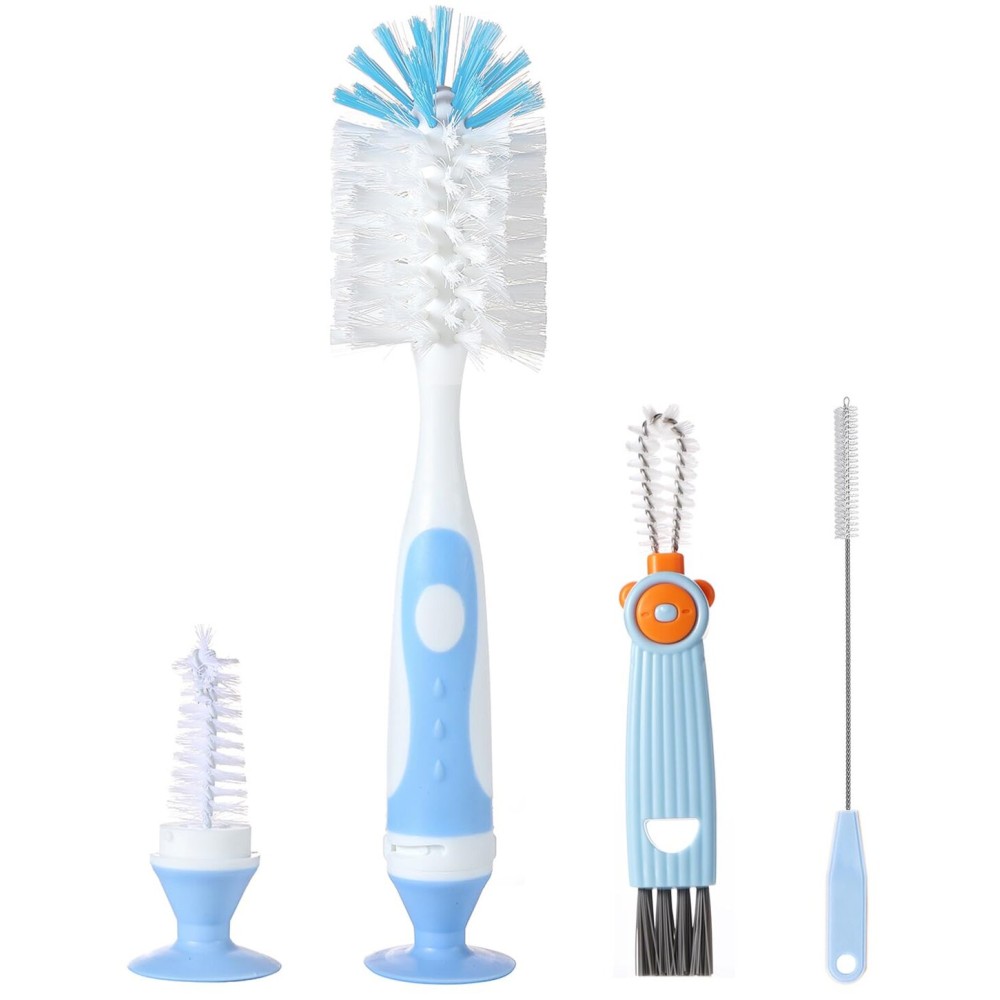 Ariseno 4-in-1 Baby Bottle Brush Set, Bottle Brush for Baby, Bottle Cleaner Brush Set, Including Nylon Bottle Brush, Bottle Cap Brush, Straw Brush, Nipple Brush, BPA-Free (Blue)