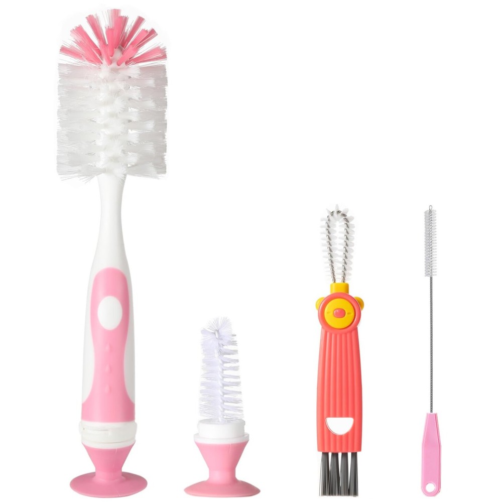 Ariseno 4-in-1 Baby Bottle Brush Set, Including Nylon Bottle Brush, Cap, Straw, Nipple Brushes, BPA-Free (Pink)