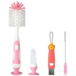 Ariseno 4-in-1 Baby Bottle Brush Set, Including Nylon Bottle Brush, Cap, Straw, Nipple Brushes, BPA-Free (Pink)