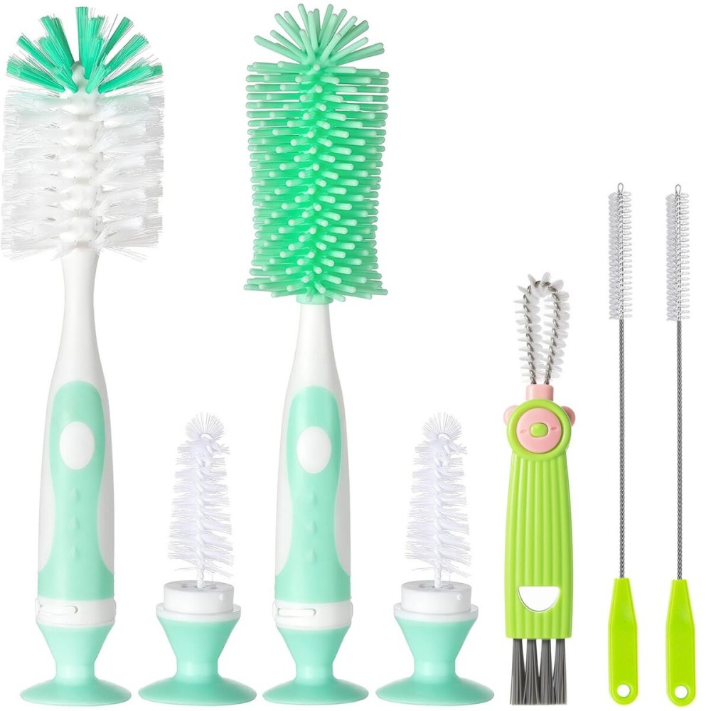 Ariseno 5-in-1 Baby Bottle Brush Set, Bottle Brush for Baby, Bottle Cleaner Brush Set, Including Nylon and Silicone Bottle Brush, Bottle Cap Brush, Straw Brush, Nipple Brush, BPA-Free (Green)