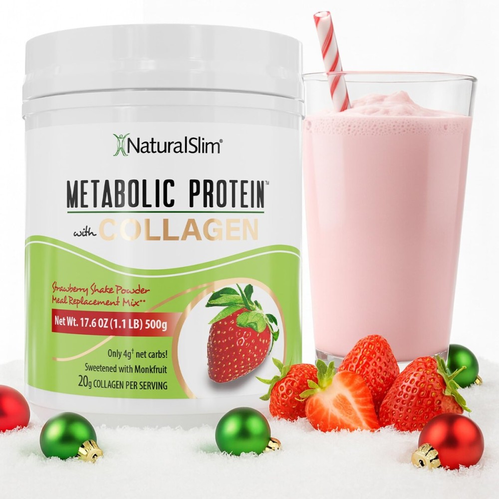 NaturalSlim Metabolic Protein Powder with Collagen, whey protein powder shake, Hydrolyzed Collagen with L-Glutamine for Metabolic Support, Digestion, Skin, Joints & Muscle, Low Carb 17.06oz Strawberry
