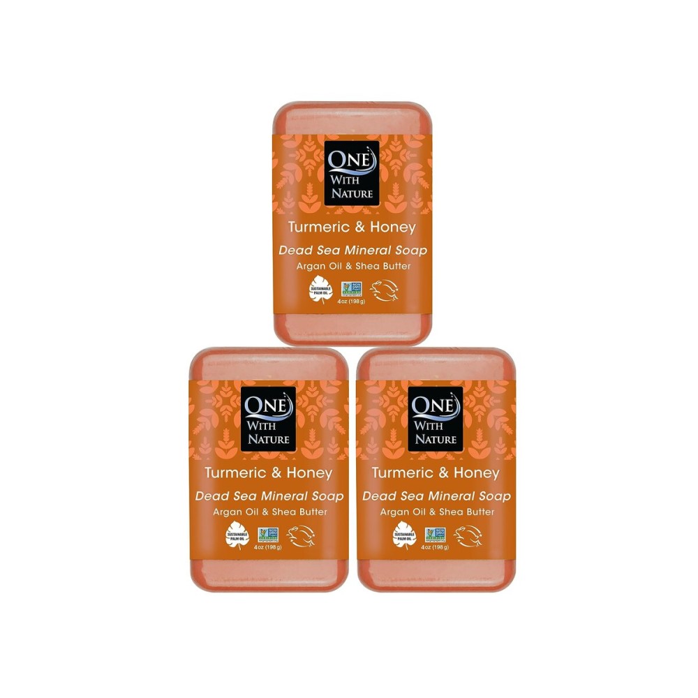 One With Nature Dead Sea Salt Turmeric Soap 4oz 3-Pack - Purifying and Exfoliating Soap Bar with Dead Sea Minerals and Turmeric for Face & Body, for Men & Women