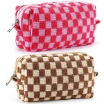 ZLFSRQ 2Pcs Checkered Pencil Case Cute Pencil Pouch for Teens Checkered Makeup Bag Medium Travel Cosmetic Bag Preppy Makeup Pouch for Purse Aesthetic Zipper Toiletry Bags Organizer(Pink/Brown)