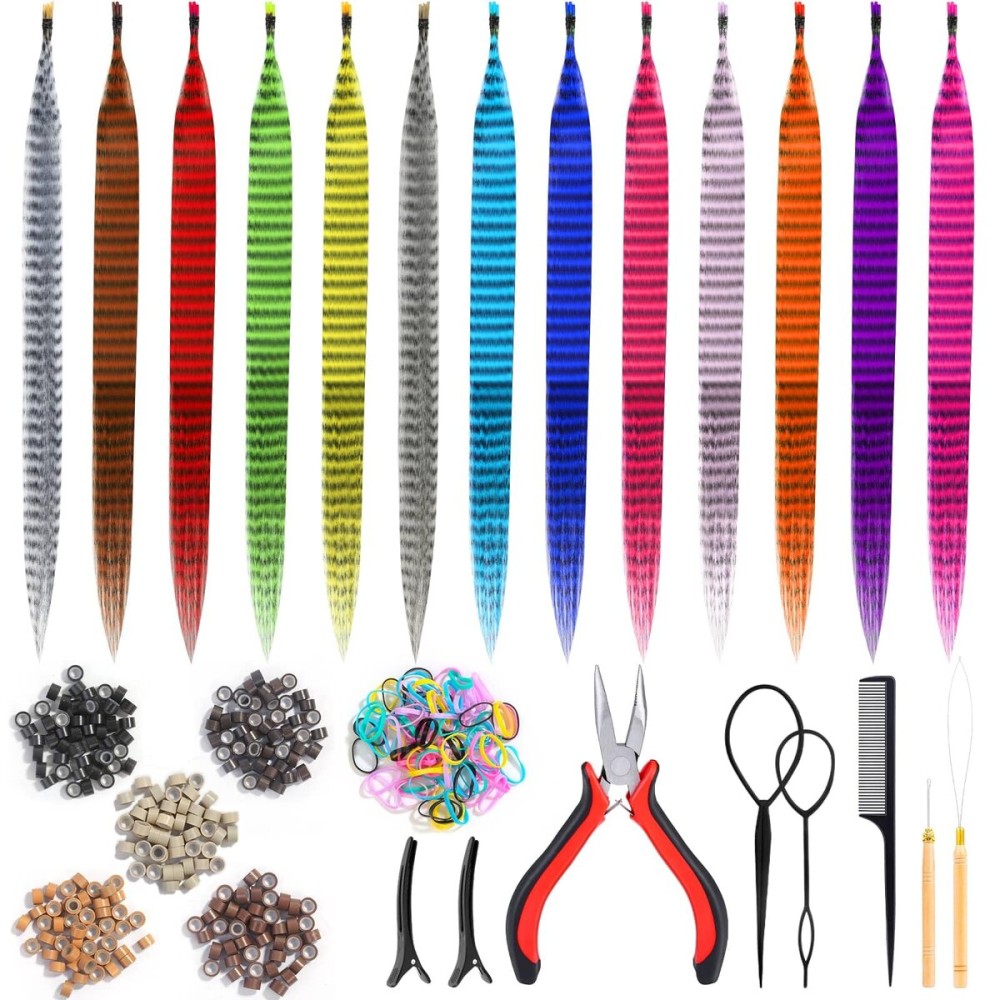 65 Pcs Hair Feathers with Hair Extension Tools, 13 Colors Long Straight Synthetic Hair Feather Extensions Kit with Microlink Beads for Women Girls Kids Daily Parties Festival