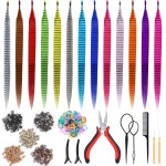 65 Pcs Hair Feathers with Hair Extension Tools, 13 Colors Long Straight Synthetic Hair Feather Extensions Kit with Microlink Beads for Women Girls Kids Daily Parties Festival
