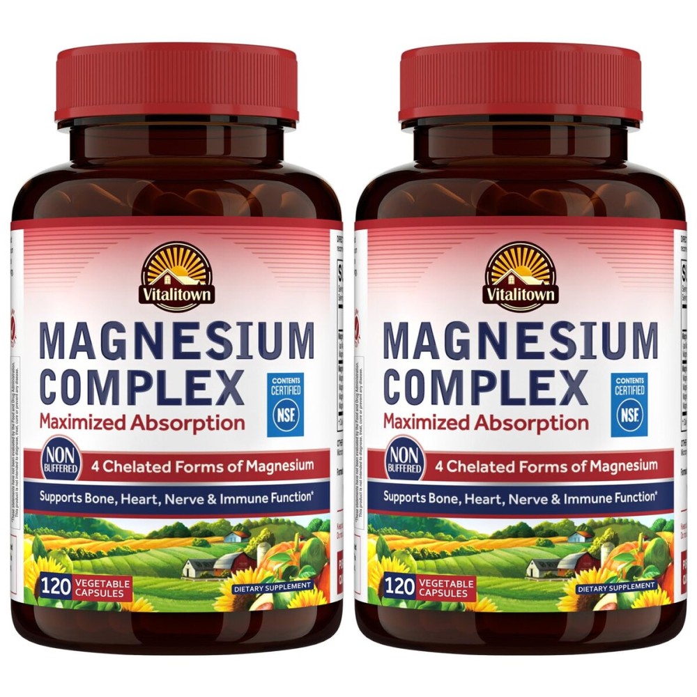 Vitalitown Magnesium Complex Supplement 500mg - NSF Certified Magnesium Glycinate, Malate, Taurate & Citrate - Chelated High Absorption & Gentle on Stomach - Vegan Non-GMO 2 Packs 240 Capsules