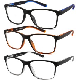JJWELL 3 Pack Reading Glasses for Men Blue Light Blocking with Spring Hinge, Anti Eyestrain/Dryness/UV Large Wide Square Readers for Men, Two Tone Computer Reader Glasses Eyeglass(3.5 Strength)