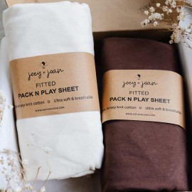 Pack and Play Sheets Fitted - Compatible with 4moms Breeze Plus Playard and Other Large Playpen Mattress - Snuggly Soft 100% Jersey Cotton - Cream + Brown - 2 Pack