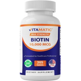 Vitamatic Biotin 10,000 mcg (10 mg) for Stronger Hair, Skin & Nails - 365 Vegan Tablets- Also Called Vitamin B7