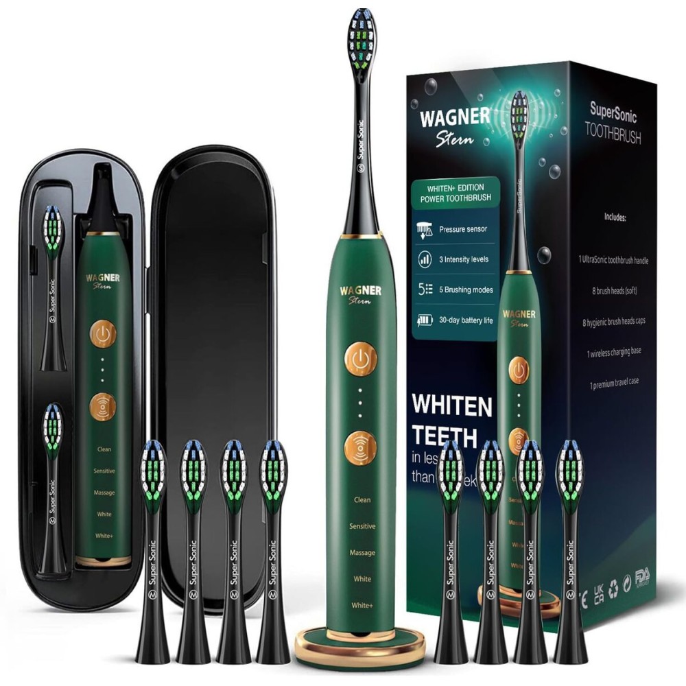 Wagner Stern WHITEN+ Edition. Whitening Electric Toothbrush with Pressure Sensor. Offers 5 Brushing Modes, 3 intensities, 8 Soft Brush Heads, and a Luxury Travel case.