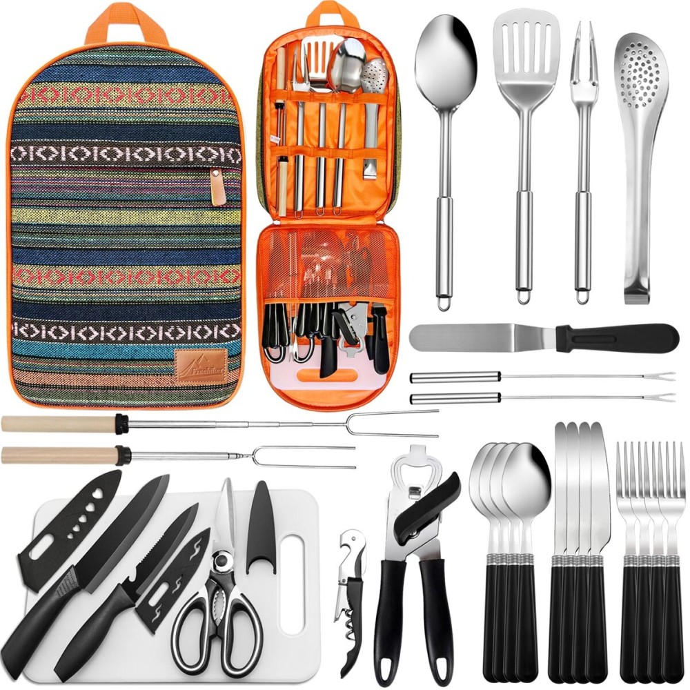 Portable Camping Kitchen Utensil Set-27 Piece Cookware Kit, Stainless Steel Outdoor Cooking and Grilling Utensil Organizer Travel Set Perfect for Travel, Picnics, RVs, Camping, BBQs, Parties and More