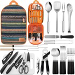 Portable Camping Kitchen Utensil Set-27 Piece Cookware Kit, Stainless Steel Outdoor Cooking and Grilling Utensil Organizer Travel Set Perfect for Travel, Picnics, RVs, Camping, BBQs, Parties and More