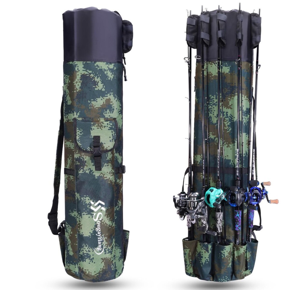 Sougayilang Fishing Rod Bag Canvas Rod Case Organizer Pole Storage Bag Fishing Rod and Reel Carrier Organizer for Travel, Gift for Father, Boyfriend and Family-Camouflage