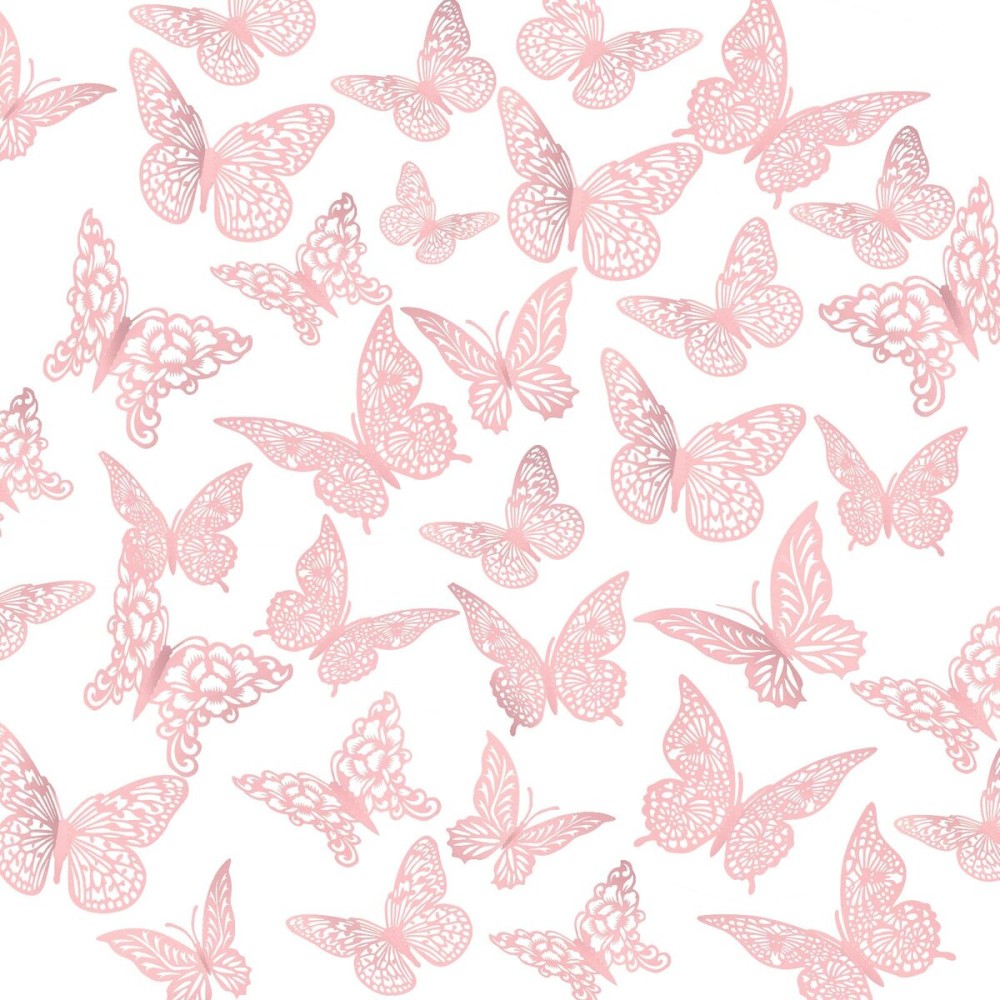 3D Gold Butterfly Wall Decor 3 Sizes 4 Styles Butterfly Party Decorations Cake Decorations Removable Stickers Wall Decor Room Mural Metallic Kids (Pink, 96Pcs)