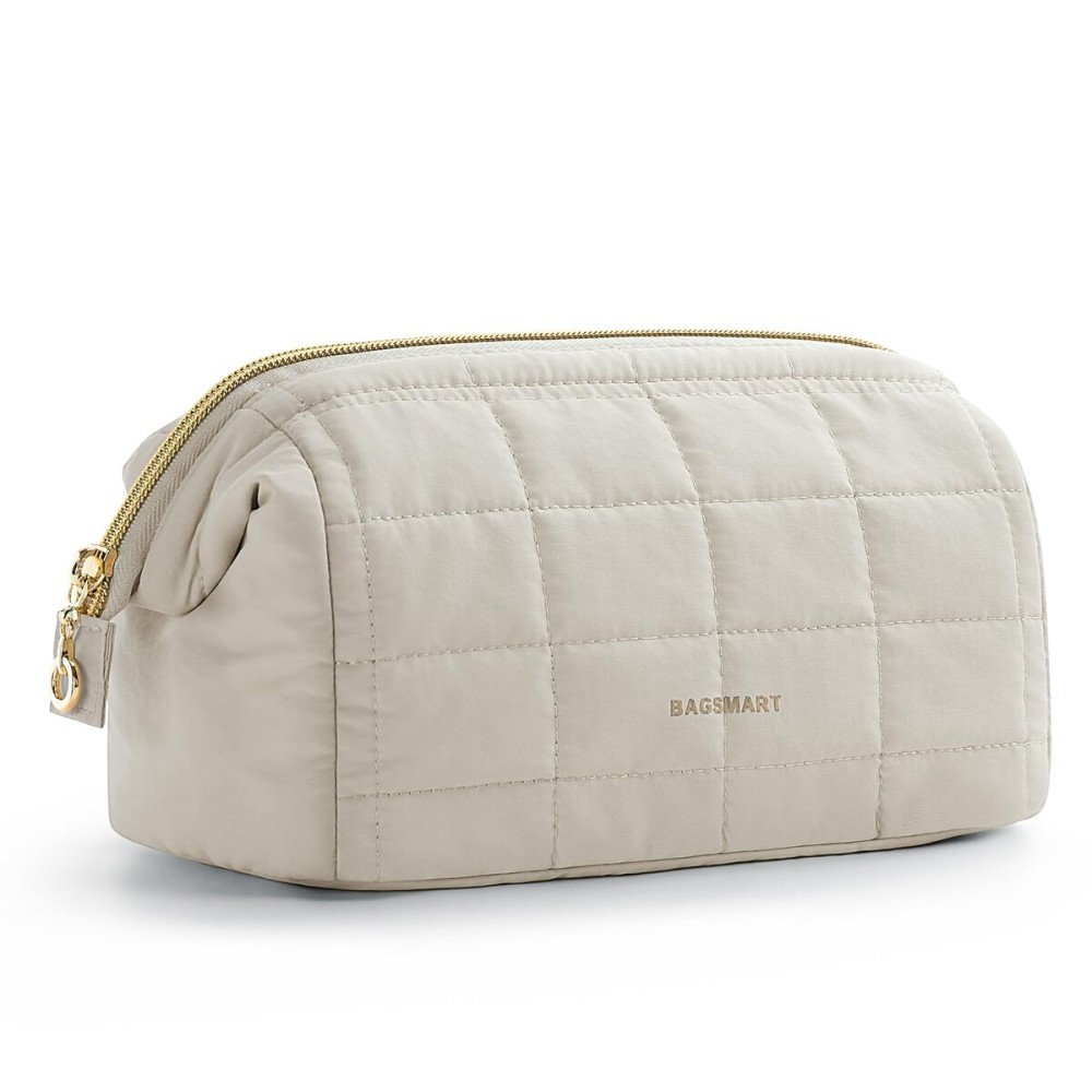 BAGSMART Makeup Bag Cosmetic Bag Wide Open, Beige, M, Wide-open Travel Makeup Bag With Puffy Padded and Rectangular Quilted