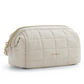 BAGSMART Makeup Bag Cosmetic Bag Wide Open, Beige, M, Wide-open Travel Makeup Bag With Puffy Padded and Rectangular Quilted