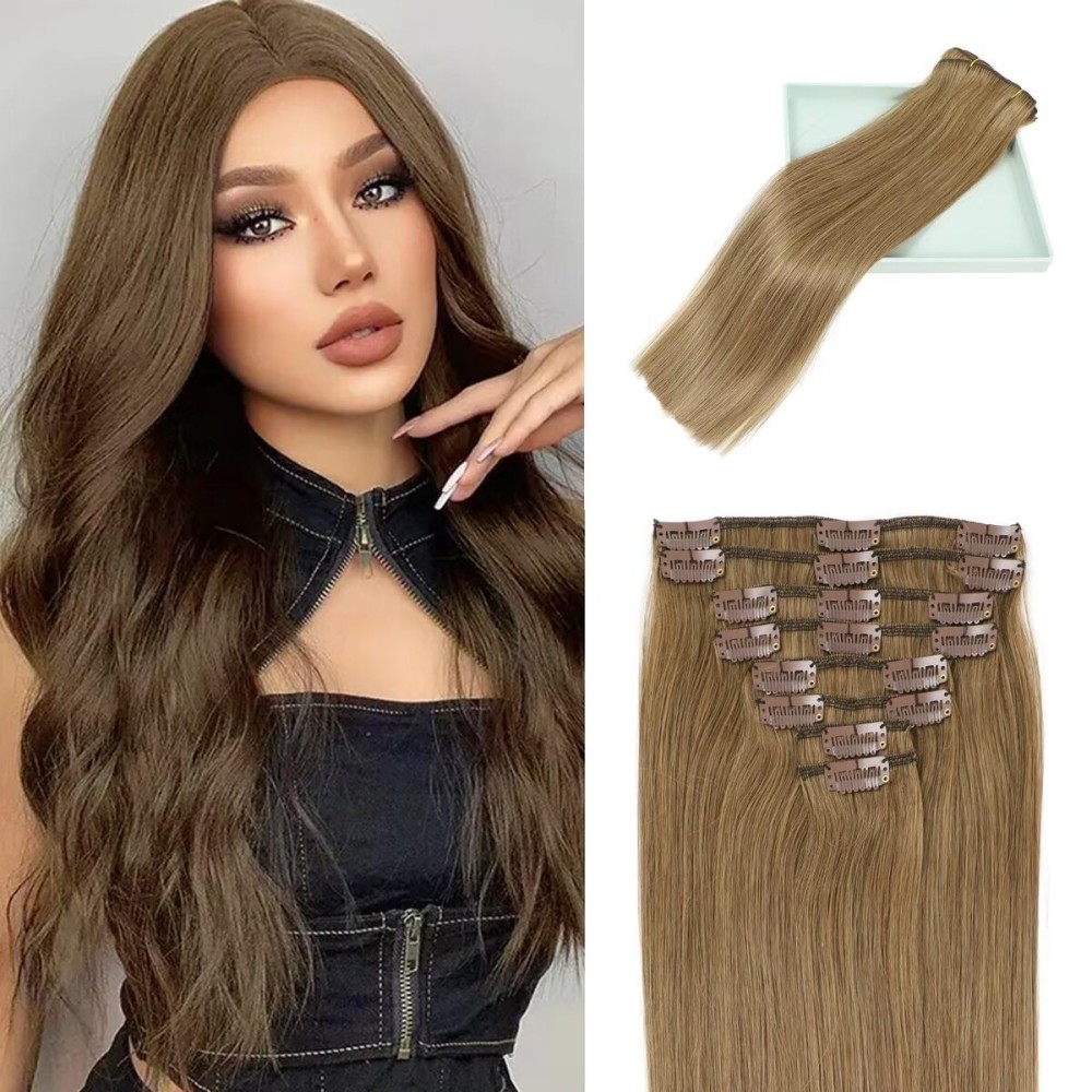 LORIEN Clip in Hair Extensions Real Human Hair, 16 Inch 90g, 6 Medium Brown, Clip in 100% Brazilian Remy Human Hair Extensions 8pcs Per Set with 18 Clips Double Weft