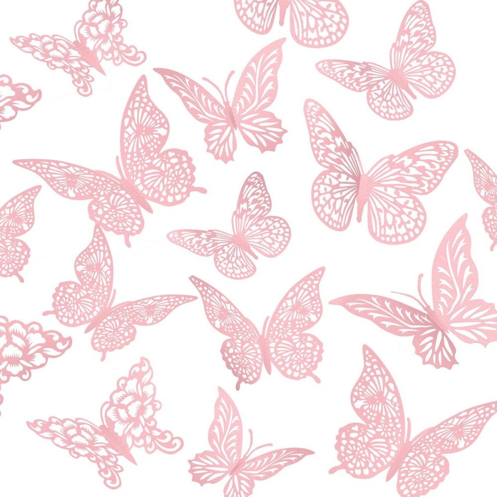 3D Pink Butterfly Wall Decor 3 Sizes 4 Styles Butterfly Party Decorations Cake Decorations Removable Stickers Wall Decor Room Mural Metallic Kids (Pink, 48Pcs)