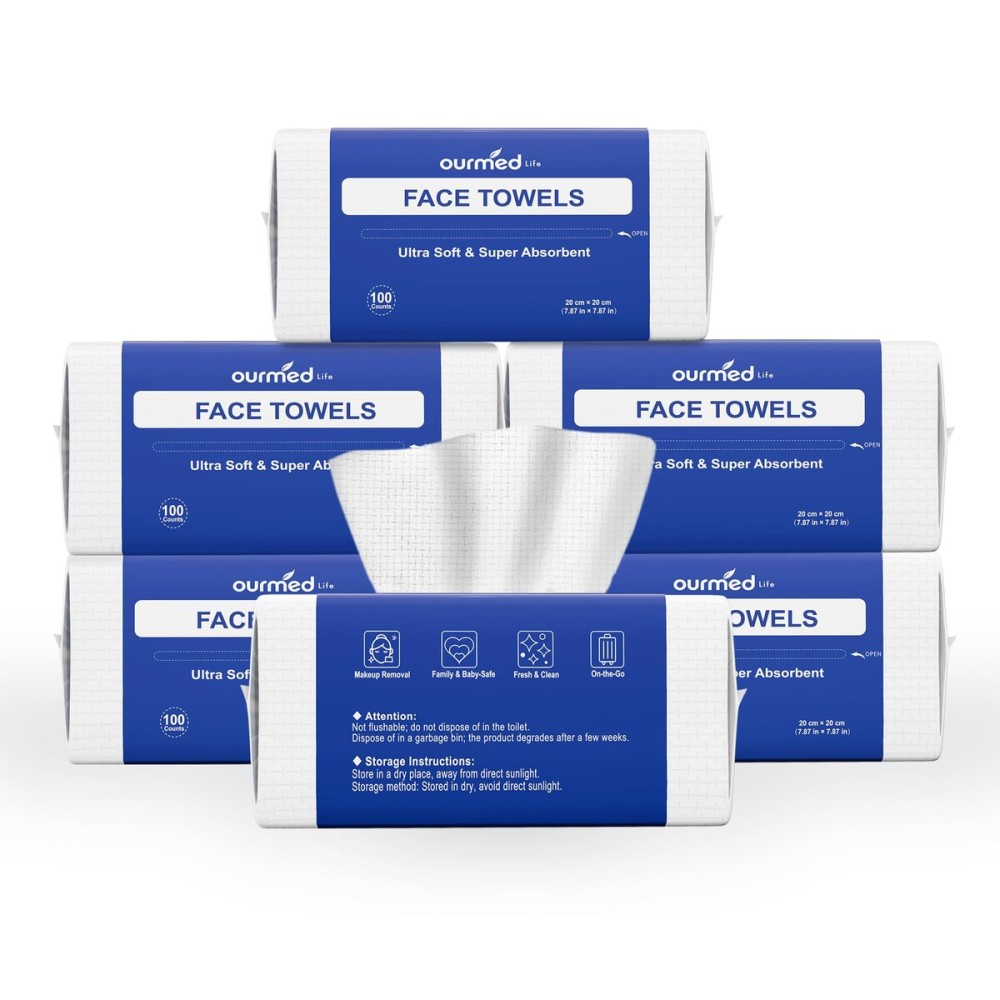 Ourmed Life Face Towels, Disposable Biodegradable Clean Facial Wash Cloth for Sensitive Skin, Lint- free Facial Towels for Cleansing, Skincare and Makeup Remover, Dry Wipes,600 CountEF texture