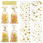 COQOFA 100 Pcs Gold 5X11 Gift Wrap Cellophane Treat Bags Clear Party Favor Candy Cookie Bags Plastic Goodie Storage Bag with Twist Ties for Birthday, Wedding,Party Decorations(4 Patterns)