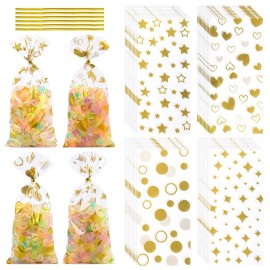 COQOFA 100 Pcs Gold 5X11 Gift Wrap Cellophane Treat Bags Clear Party Favor Candy Cookie Bags Plastic Goodie Storage Bag with Twist Ties for Birthday, Wedding,Party Decorations(4 Patterns)