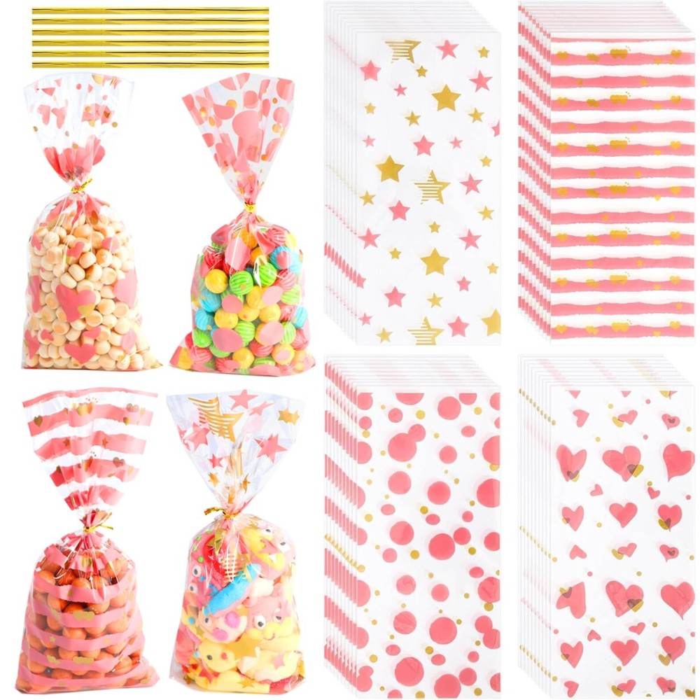 COQOFA 100 Pcs 5X11 Cello Cellophane Treat Bags Party Favor bags Pink Candy Cookie Bags Clear Plastic Goodie Bags with Twist Ties for Gift,Baby Shower, Birthday, Wedding,Party