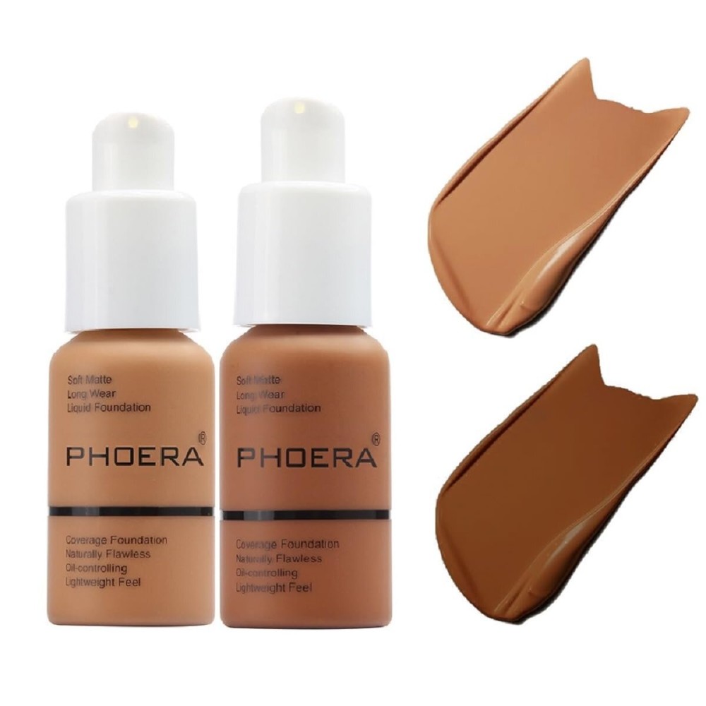 2 Pack PHOERA Foundation 108 Tan and 109 Mocha,Full Coverage Flawless Soft Matte 24 HR Oil Control Waterproof Concealer Makeup.