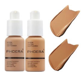 2 Pack PHOERA Foundation 105 Sand and 106Warm Sun,Flawless Soft Matte Liquid Foundation 24 HR Oil Control Concealer Foundation Makeup.