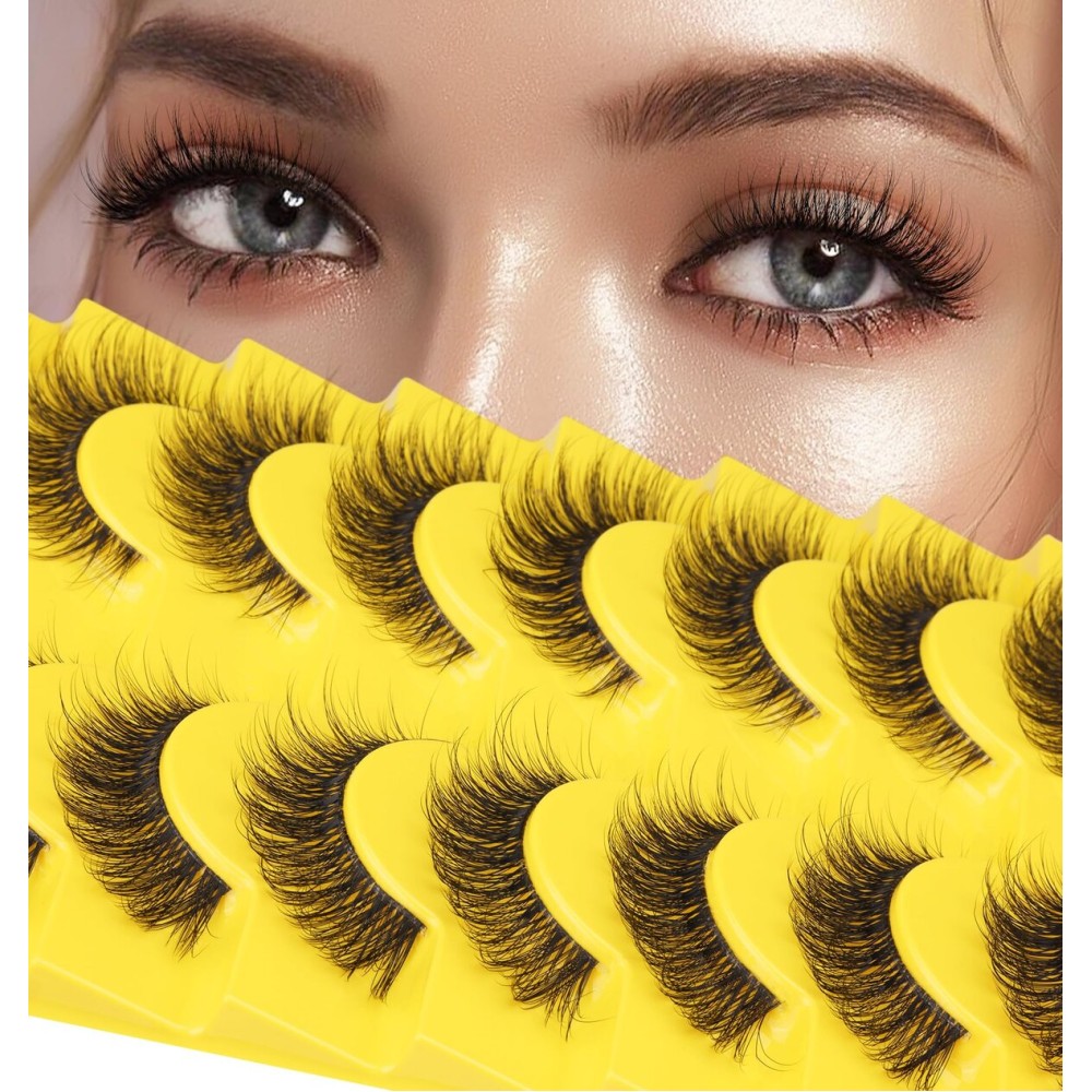 False Eyelashes Russian Strip Lashes D-Curly Wispy Natural Look zanlufly Lashes Like Eyelash Extension Volume Transparent Band Cat Eye Fake Eyelashes Pack