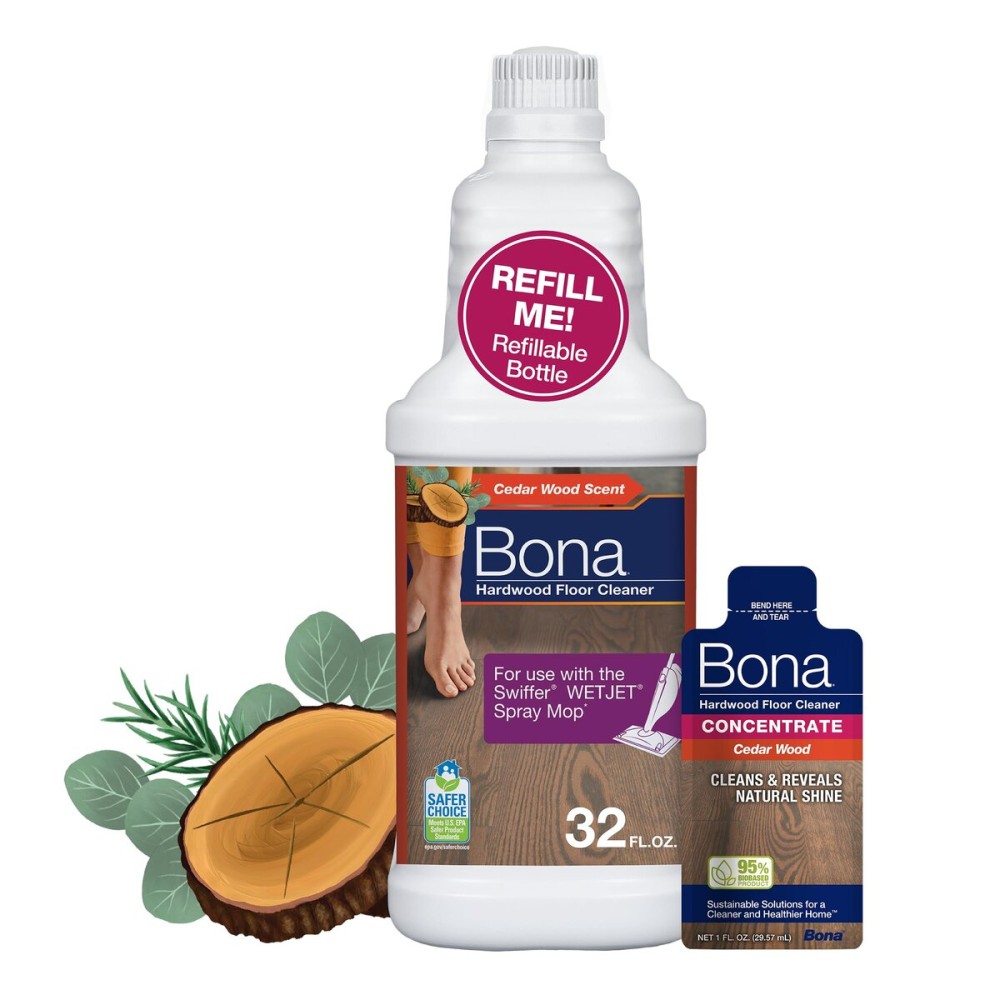 Bona Hardwood Floor Cleaner Bottle for use with Swiffer WETJET Spray Mop, Cedar Wood Scent, makes 64 Fl Oz - Includes Filled Bottle + Concentrate Refill for Wood Floor Cleaning