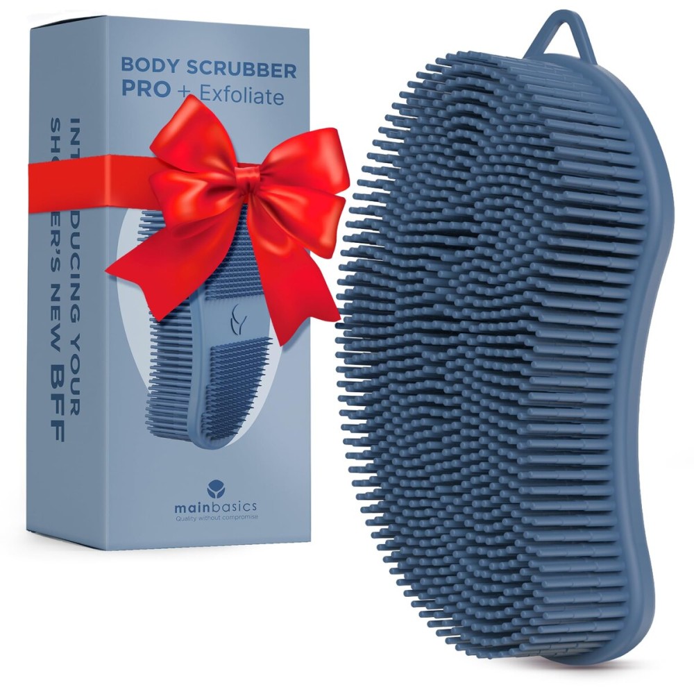 MainBasics Silicone Body Scrubber - Dual-Sided Shower Exfoliator for Men & Women, Gentle Silicone Loofah Alternative for Deep Clean (Dark Blue, Exfoliate)