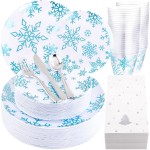 WDF 175Pcs Christmas Plates and Napkins Disposable Dinnerware Set for 25 Guests, White Blue Plates with Silverware, White Snowflake Cups and Festive Holiday Napkins Perfect for Christmas Winter