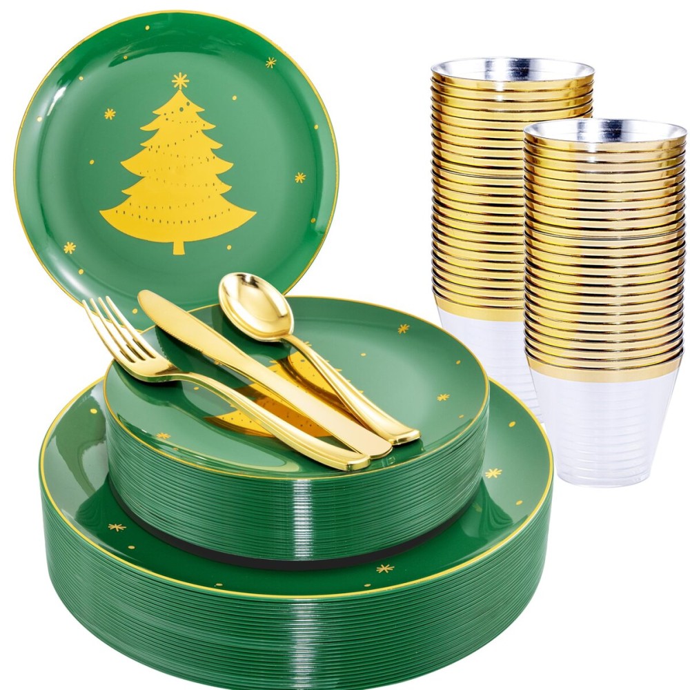 WDF 150pcs Christmas Plates Plastic Disposable - 25 Guests Green Plates with Gold Tree, Clear Gold Cups, Perfect for Christmas Parties