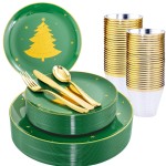 WDF 150pcs Christmas Plates Plastic Disposable - 25 Guests Green Plates with Gold Tree, Clear Gold Cups, Perfect for Christmas Parties