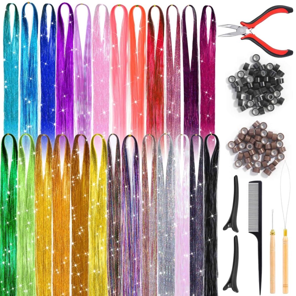 Hair Tinsel Kit (48 Inch 25 Colors 5000 Strands), Glitter Tinsel Hair Extensions with Tinsel Beads, Heat Resistant Fairy Hair Tinsel Kit with Hair Tinsel Tool for Women Girls Daily Parties Festival