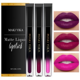 MAKI YIKA 3Pcs Matte Liquid Lipstick Set, Purple Plum Pink Lipstick Long Lasting Smudge Proof Non Transfer Lip Makeup (Purple+Plum+Pink)