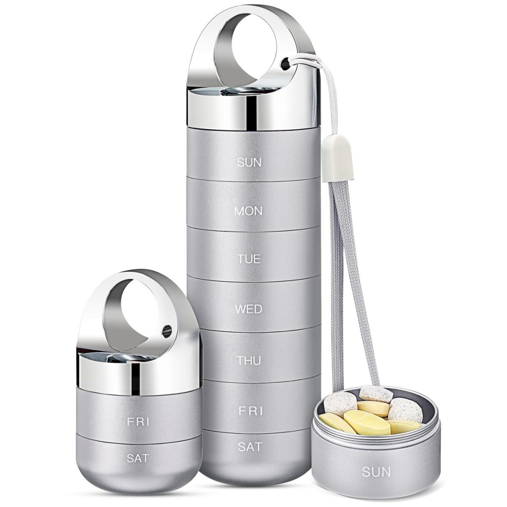 Zannaki Metal Travel Pill Organizer, Portable Waterproof Weekly Pill Box, Large Aluminum Alloy Pill Case Container, BPA Free 7 Day Daily Medicine Organizer Holder for Vitamin, Fish Oil, Supplement