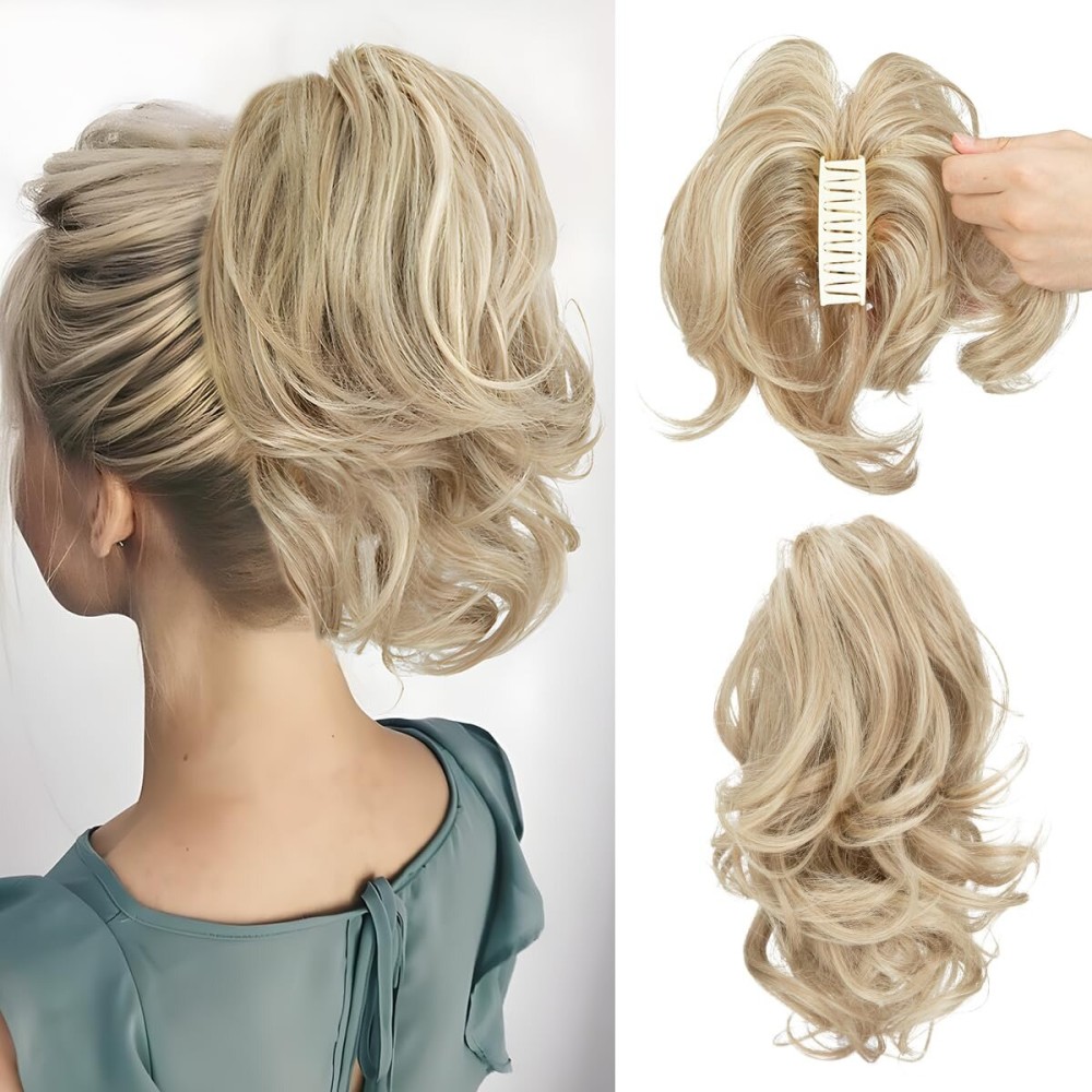 CJL HAIR Claw Clip Short Ponytail Hair Extensions DIY Bendable Metals Messy Bun Hair Piece for Wonen Wavy Curly Synthetic Fake Hairpieces Dirty Blonde