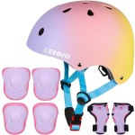 CELOID Kids Helmet Pad Set,Adjustable Kids Skateboard Bike Helmet Knee & Elbow Pads Wrist Guards 8-10-16 Years Youth Protective Gear Set for Girls Boys Bicycle Bike Roller Scooter Sport,Pink Violet
