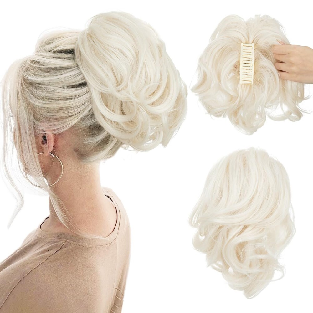 CJL HAIR Claw Clip Short Ponytail Hair Extensions DIY Bendable Metals Messy Bun Hair Piece for Wonen Wavy Curly Synthetic Fake Hairpieces Platinum Blonde